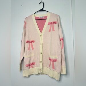 MISS SPARKLING PINK BOW PRINT BUTTON FRONT CARDIGAN SWEATER SZ MED